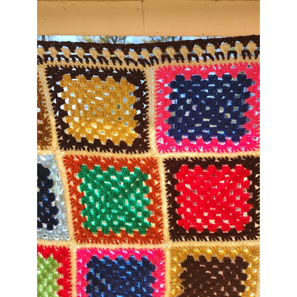 Handmade Vintage Style Crochet Granny Square Blanket Multi-Color Boho Throw